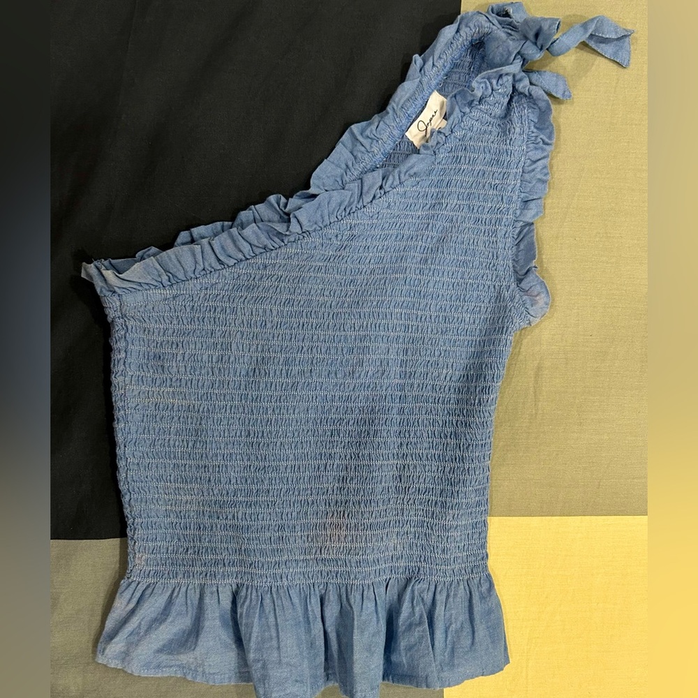 Blue One-Shoulder Ruffled Blouse